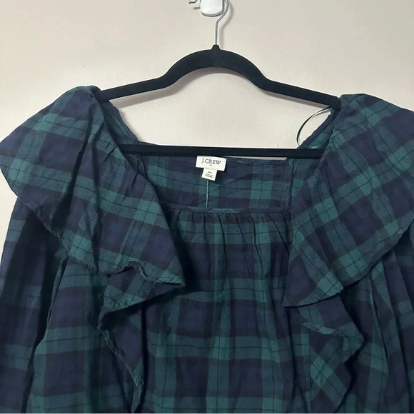 J. Crew Women's Long Sleeve Navy/Green Flannel Square Neck Ruffle Top Size M NWT - Picture 3 of 9
